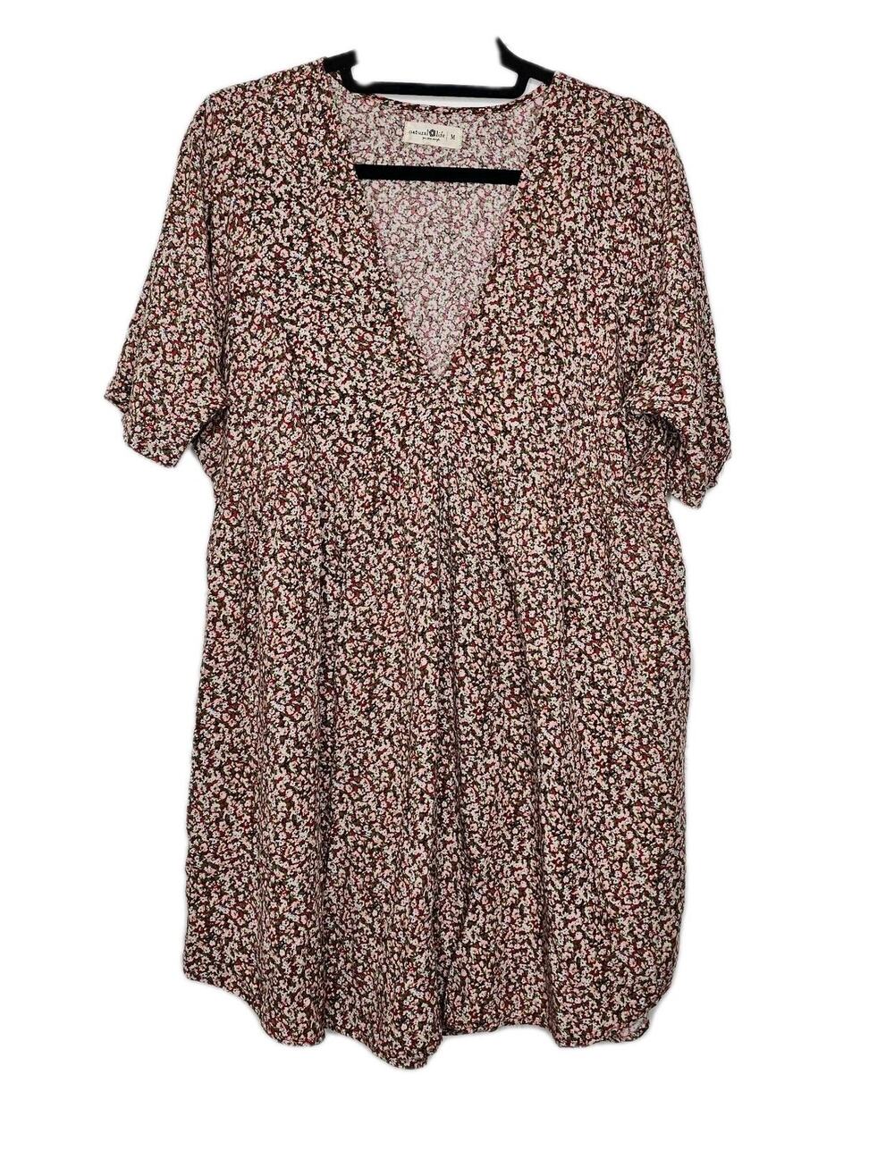 Natural Life Red Med Floral V neck Dress Cuffed Sleeve Baby Doll Pockets Relaxed